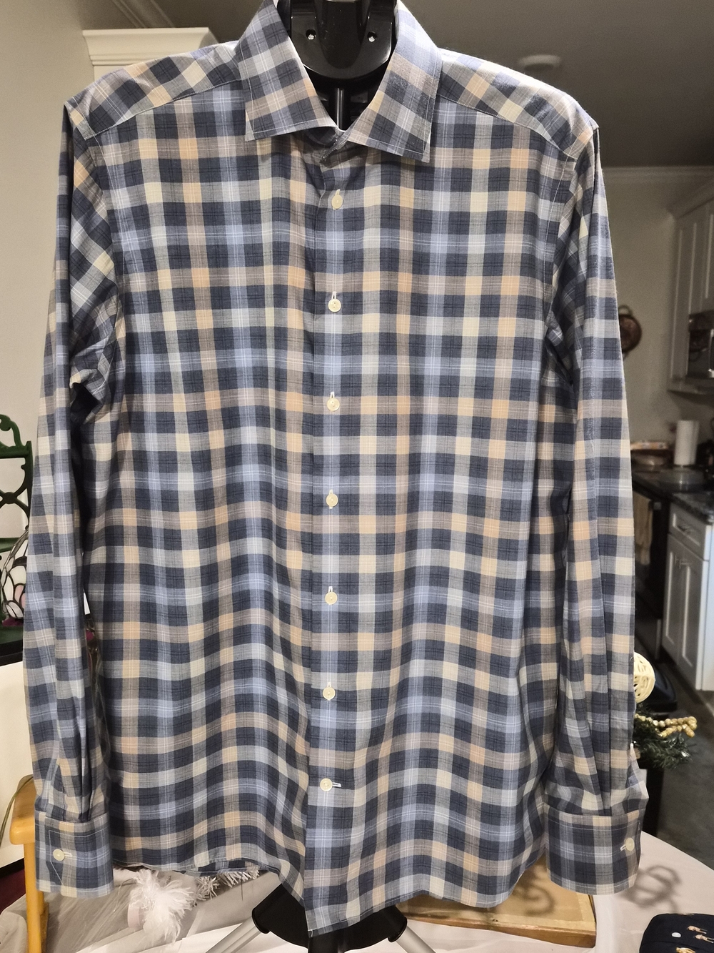 Eton Contemporary Fit Plaid Button Down Shirt Size 44 17.5 Blue Beige Cotton